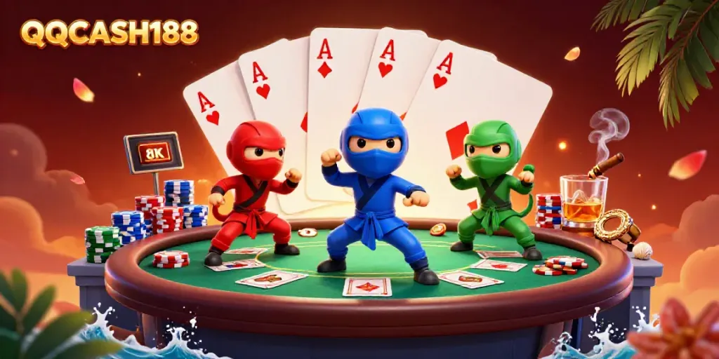Engage in thrilling gaming with QQCASH188 featuring dynamic ninja chameleons and poker elements.