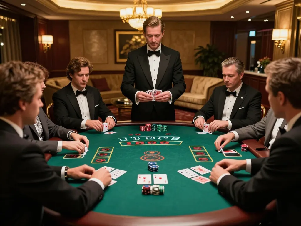 Players strategizing at the 33winn blackjack table, a thrilling atmosphere in an upscale casino.