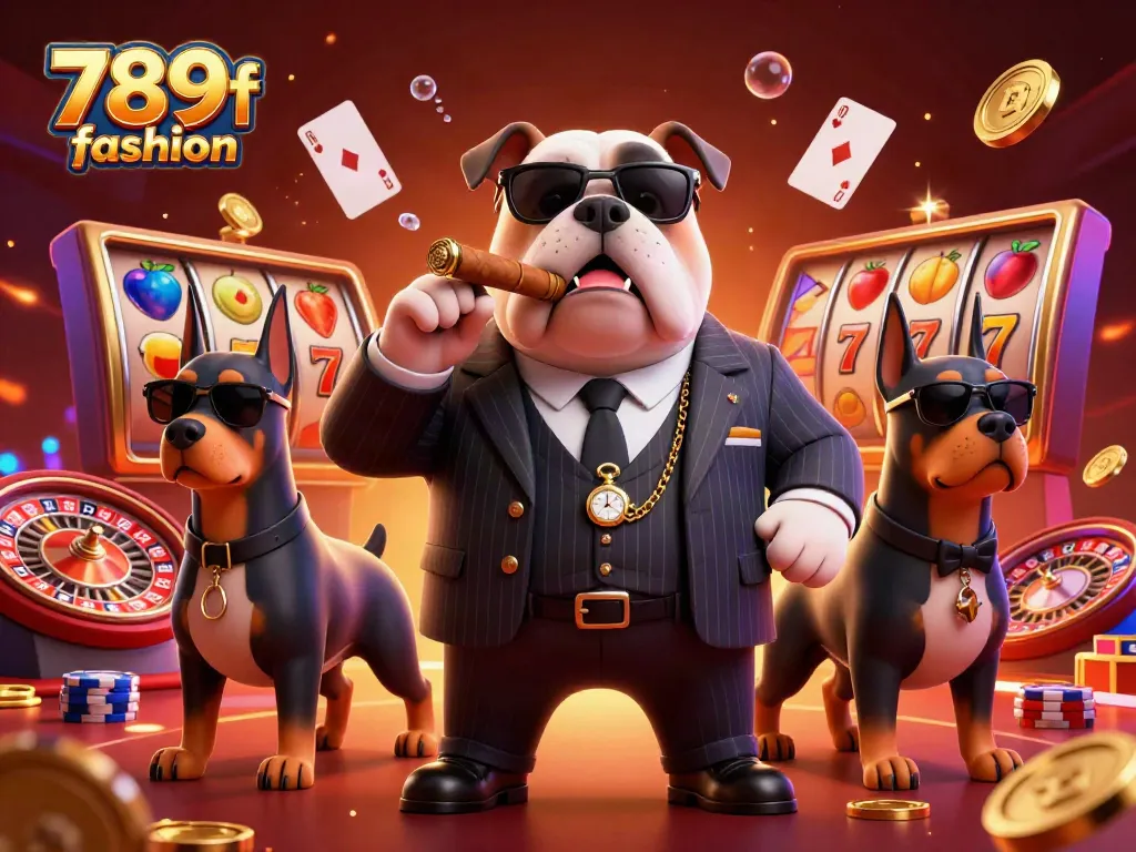 Engage with casino excitement at 789f fashion featuring a mafia boss bulldog and bodyguards amidst vibrant slots and cards.