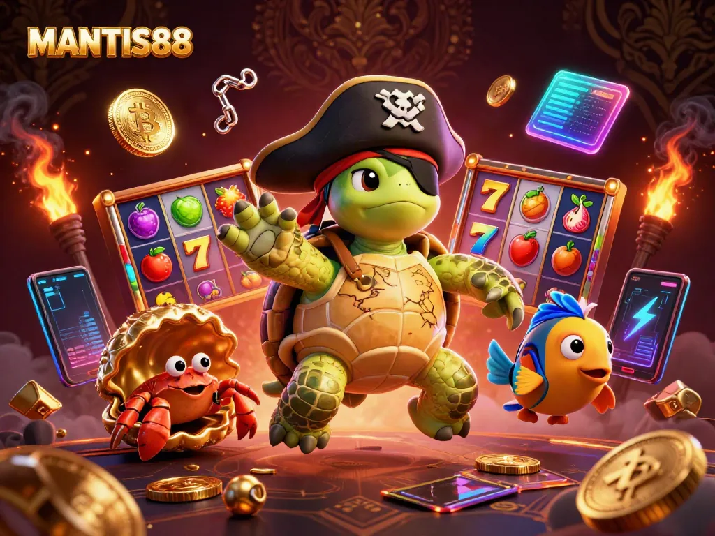 Engage with thrilling games at MANTIS88 featuring vibrant slot reels and unique underwater characters.