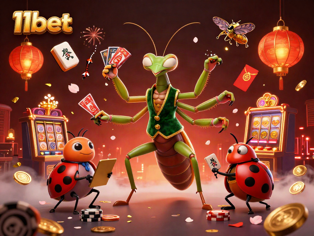 Experience the vibrant casino atmosphere with 11bet, featuring characters dealing cards and shuffling chips.