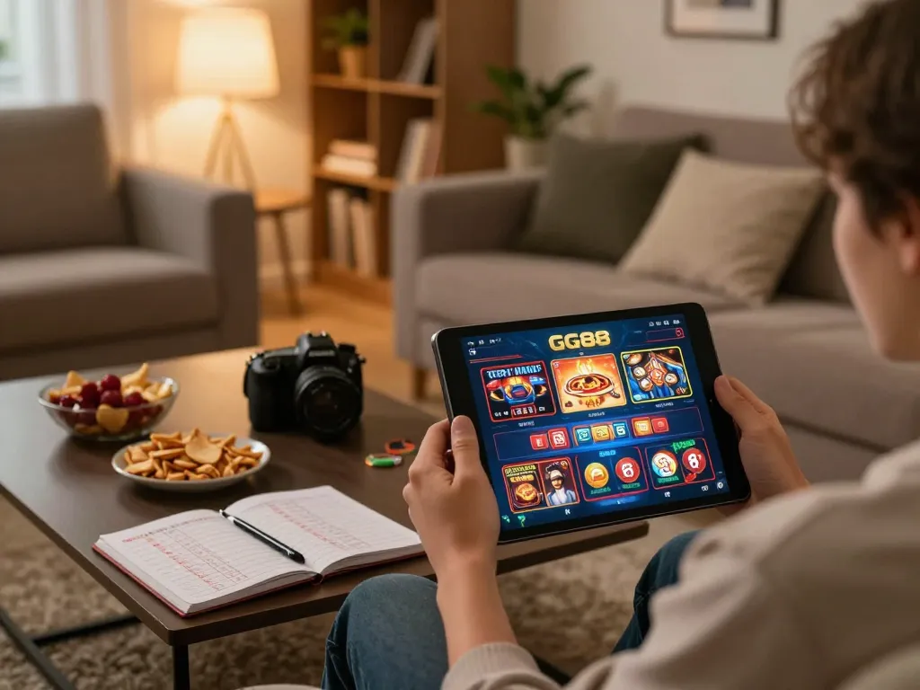 This scene shows a player engaging with the GG88 casino app, exploring betting strategies in a cozy home setting.