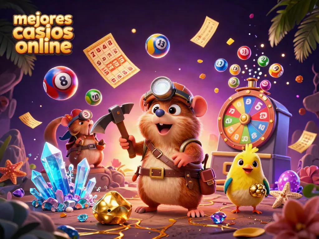 Los mejores casinos online: un cazador de tesoros y su canario minando gemas en un entorno vibrante.