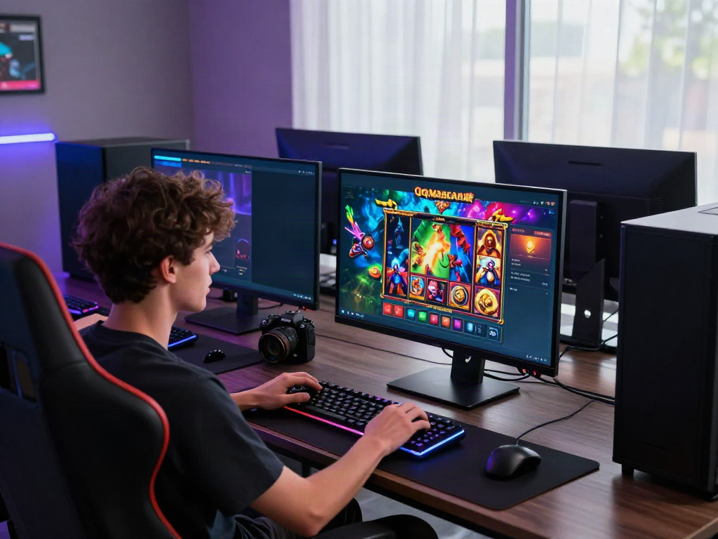 Player engaged in qqmacan slot game on an immersive gaming setup with ambient lighting.