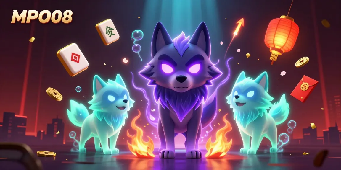 MPO08 creates an engaging gaming experience featuring cartoon wolves with glowing eyes amidst vibrant casino elements.