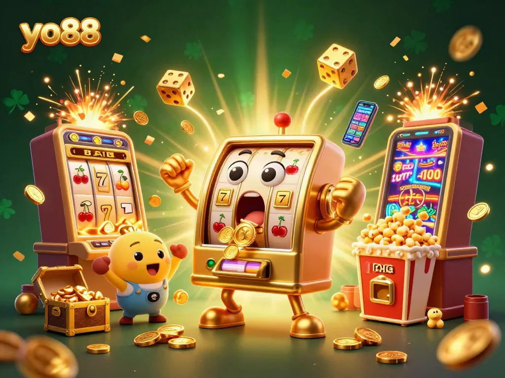 yo88 captures the thrill of winning with a golden slot machine celebrating a jackpot!