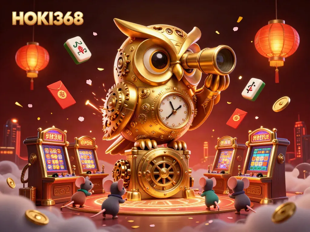 Engage with HOKI368 through a bustling casino scene with unique characters and vibrant elements.