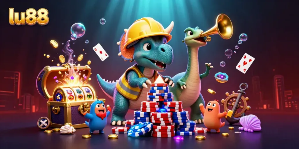 Win big at LU88 with a lively 3D party scene showcasing a triceratops and friends celebrating gambling success.
