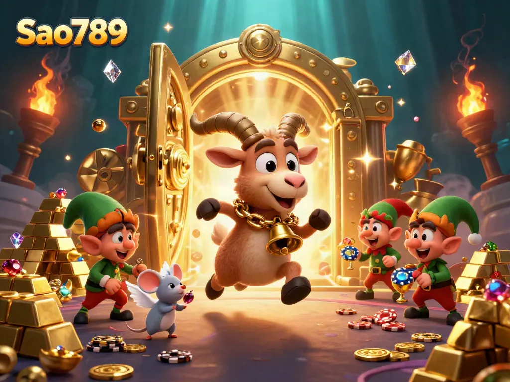 Sao789 casino scene with Krampus goat, angel mouse, and gremlin thieves amid luxurious treasures.