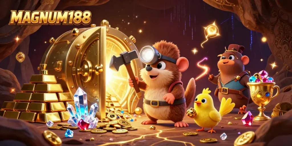 Experience the excitement of MAGNUM188 with vibrant treasures and energetic characters in this 3D illustration.