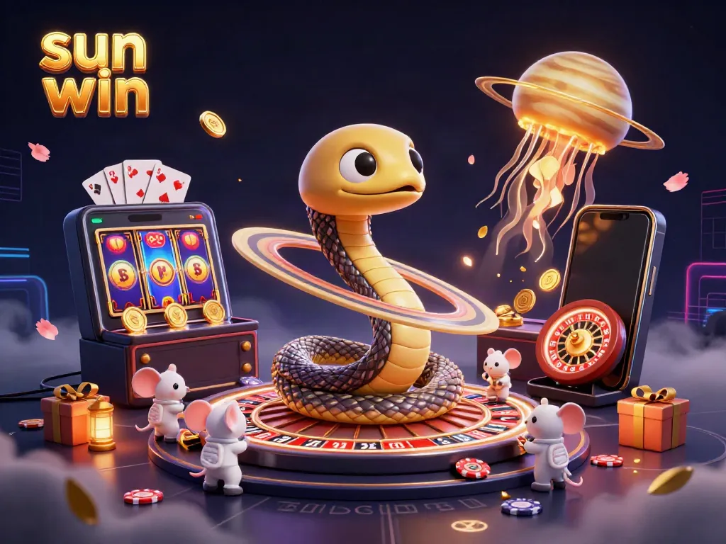 Experience thrilling gaming action at Sun Win with vibrant 3D characters and casino elements.
