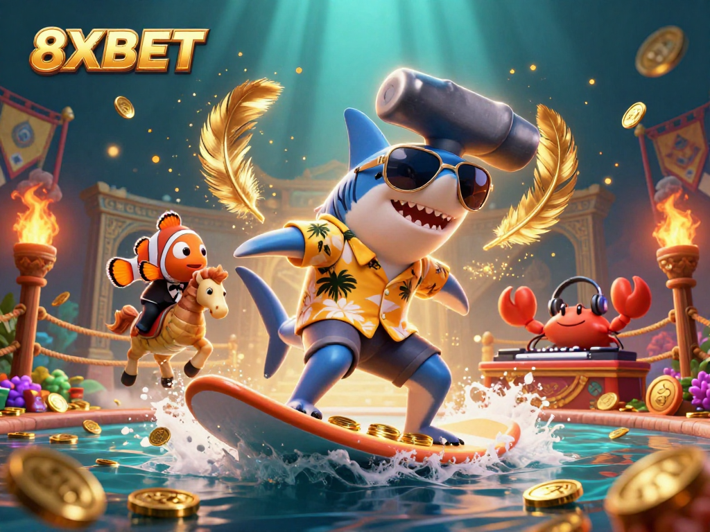 Engage with the thrilling 8XBET adventure featuring a shark, clownfish, and crab amidst a vibrant casino scene.