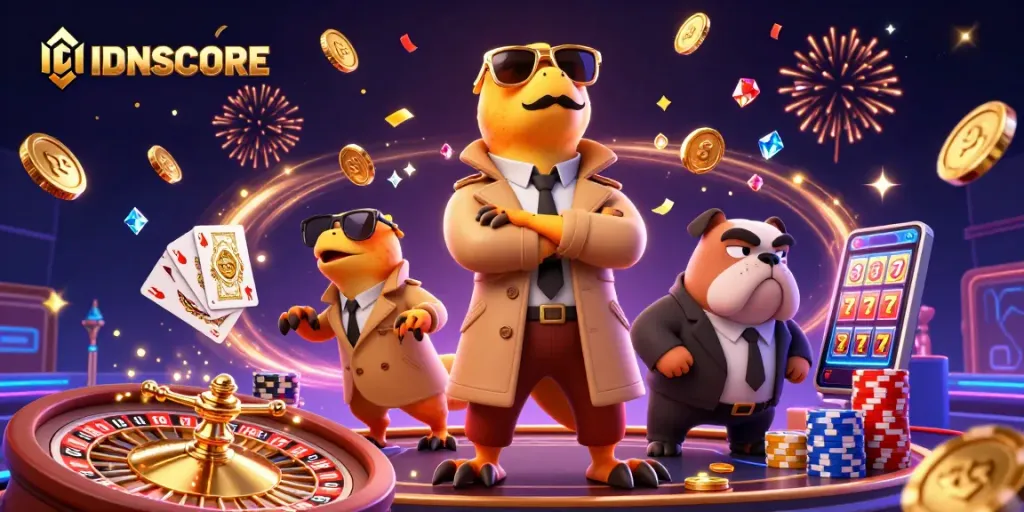 IDNSCORE showcases vibrant raptors attempting to access a casino with lucky charms enhancing the scene.