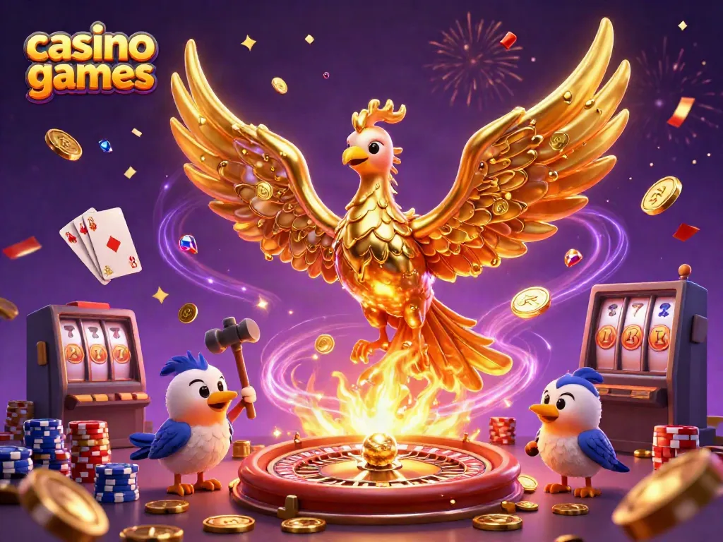 Experience thrilling casino games with a dynamic scene of a molten phoenix and sparkling elements.