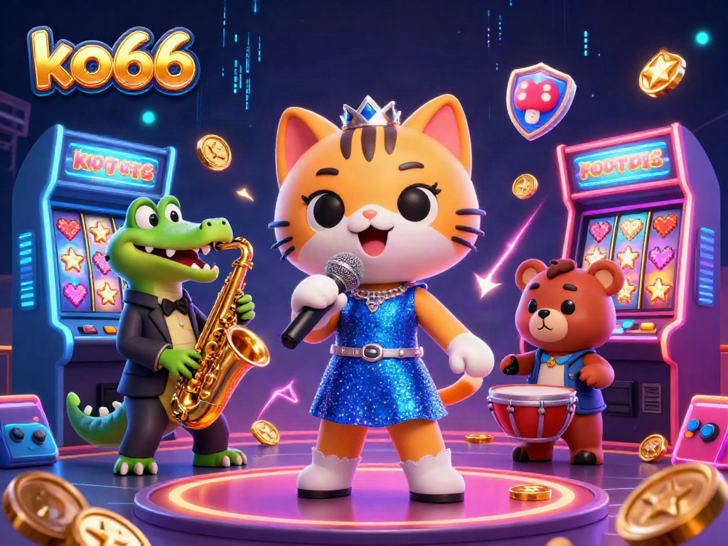 Experience the vibrant world of ko66 with a lively casino illustration featuring a jazz-singer cat and colorful slot machines.