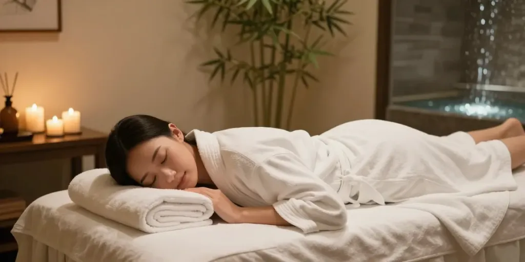 Relaxing ambiance for 송도출장안마 in a luxurious hotel room with a massage table.