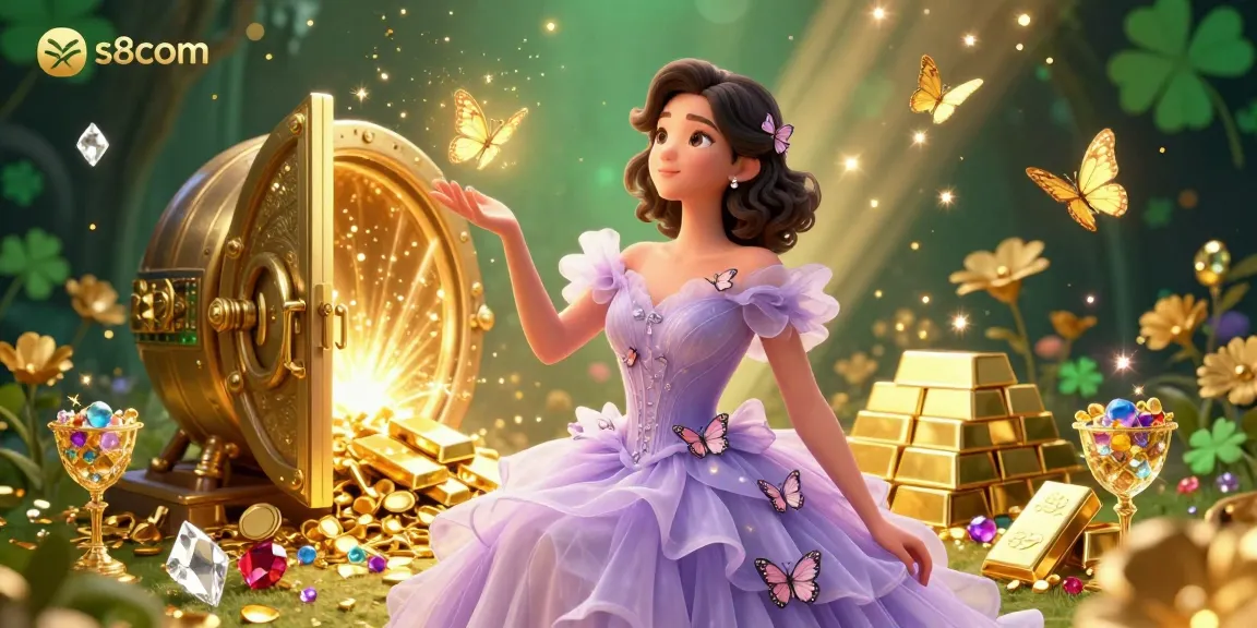 Experience the excitement of s8com with a captivating casino illustration featuring golden treasures and magical elements.