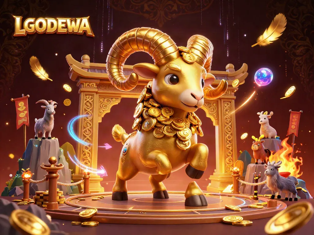 Engage with LGODEWA's dynamic illustration of a golden ram charging through a casino scene, surrounded by vibrant decorations and game elements.