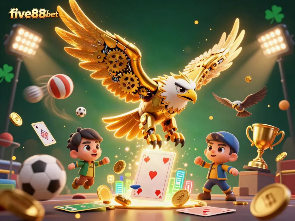 Experience thrilling betting action with five88bet, showcasing a cybernetic eagle among vibrant game elements.