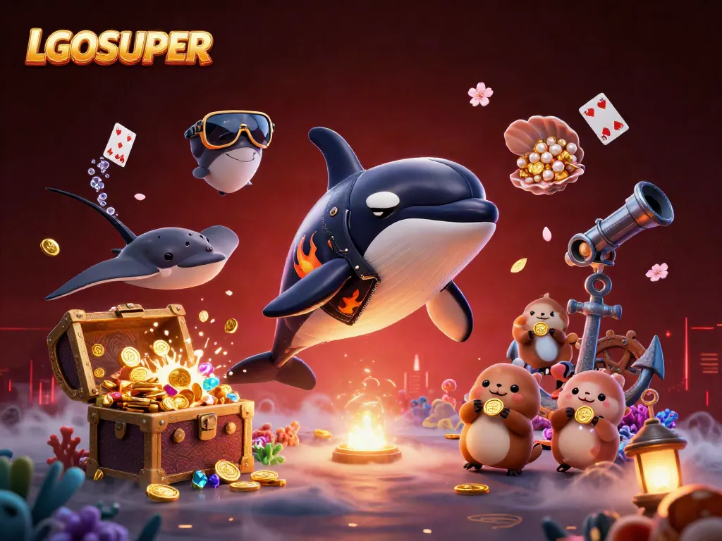 Experience the excitement at LGOSUPER with a dynamic underwater scene featuring animated characters and casino elements.