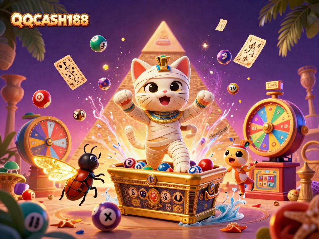 Experience exciting online gaming with QQCASH188's vibrant lottery and bingo elements in a dynamic casino scene.