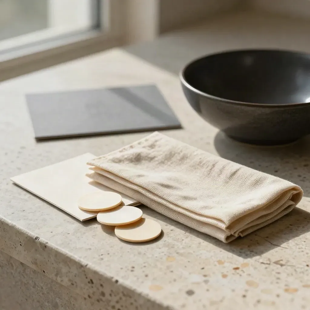 Card sleeves, sample chips, and folded cloth on travertine beside a dark ceramic bowl.