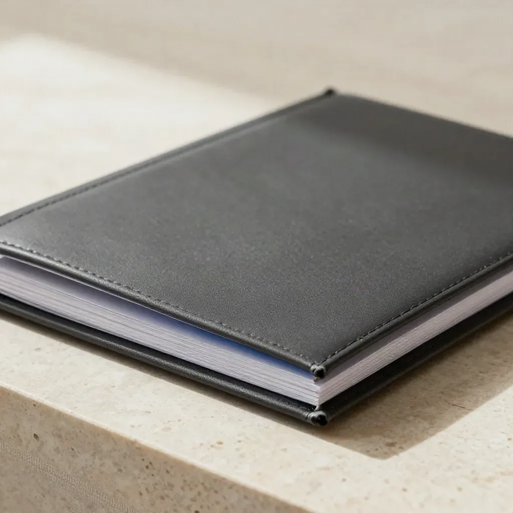 Charcoal folio kit partly open on travertine with a blank insert and blue rim light