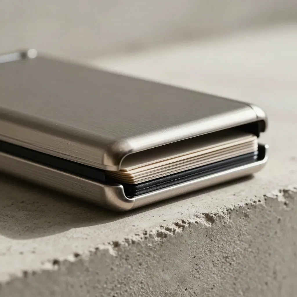 Brushed-metal check case with folded tabs on a concrete shelf, lit by a raking beam.