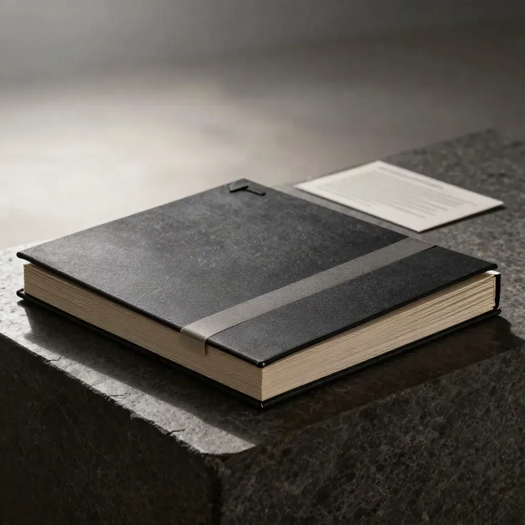 Half-open blind-embossed report folio with samples on a dark stone plinth under dramatic studio light