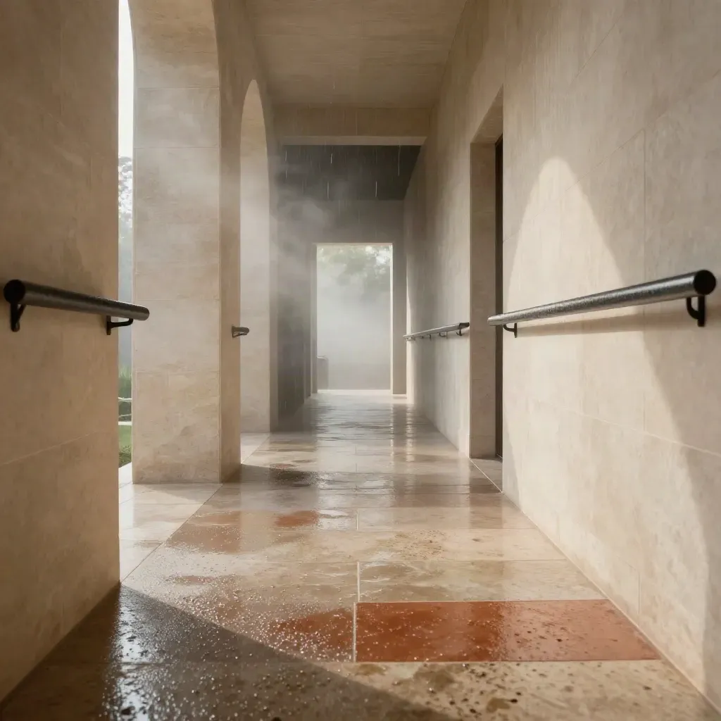 Pale limestone corridor after rain, mist, dark opening, blurred rail, calm low-contrast copy space.
