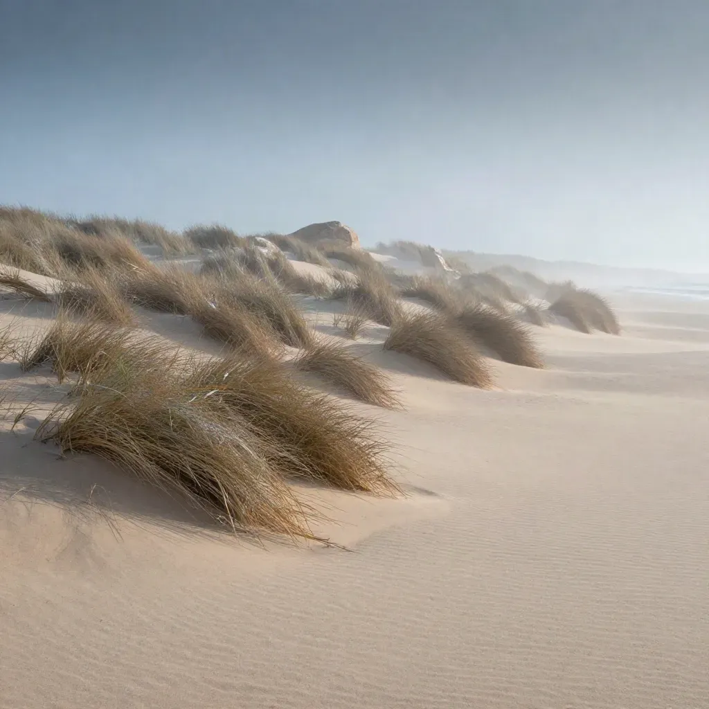 Misty dune ridge with wind-blown grasses and a pale stone outcrop at dawn.