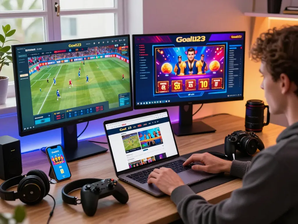 Exciting online gambling with Goal123 interface and gaming setup at a modern desk, showcasing engaging player experience.