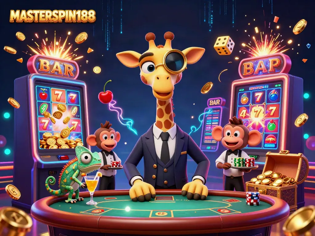 Experience the excitement of MASTERSPIN188 with a dynamic casino scene, showcasing vibrant characters and thrilling gameplay.
