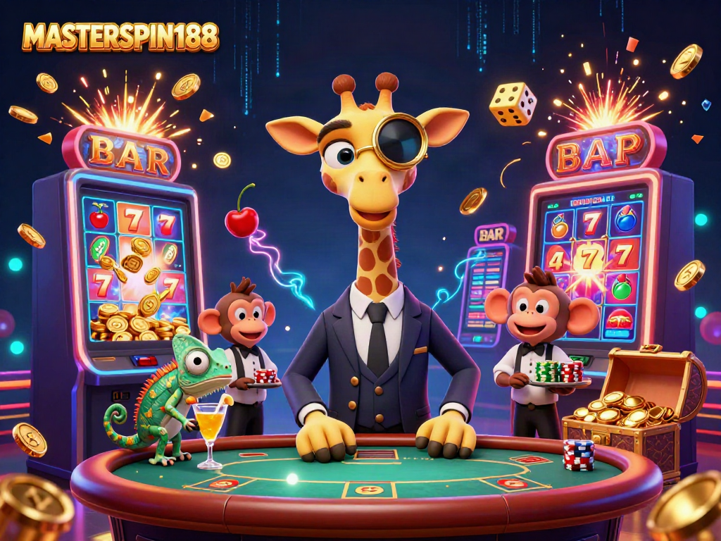 Experience the excitement of MASTERSPIN188 with a dynamic casino scene, showcasing vibrant characters and thrilling gameplay.