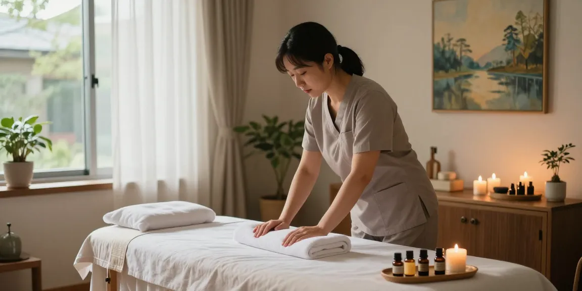 In-home 종로출장마사지 service setup with a professional therapist preparing massage essentials in a cozy living room.