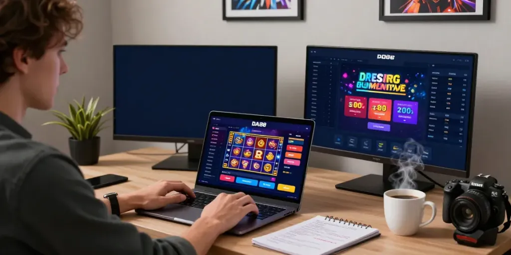 Engaging user at DA88 online gaming platform with vibrant slot game graphics and promotional banners.