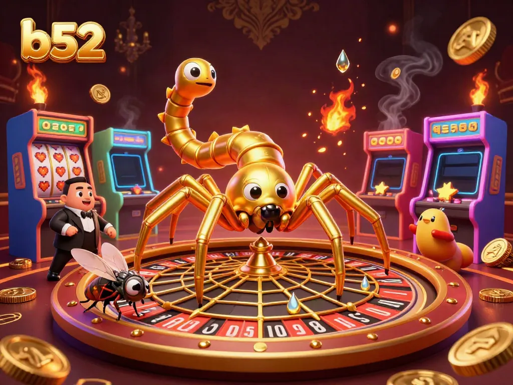 Experience thrilling bets at b52 with a captivating 3D casino scene featuring a roulette wheel and colorful arcade games.