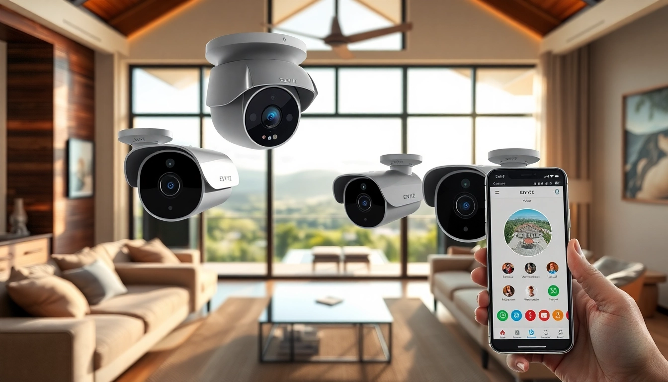 Cámaras EZVIZ instaladas en una sala de estar moderna, que muestran soluciones de seguridad para el hogar inteligente.