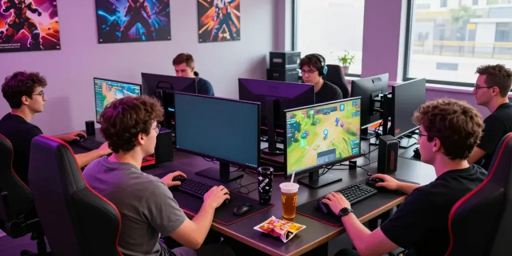 Men enjoying games in a vibrant Manclub gaming environment.