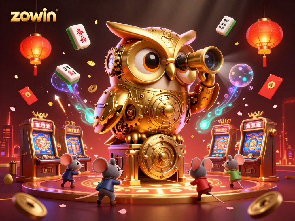 Zowin invites players to explore a vibrant casino scene featuring a golden owl and lively mouse patrons.