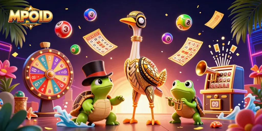MPOID showcases a vibrant lottery scene with colorful balls and characters celebrating by a casino bar.