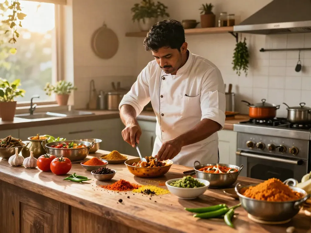 Delicious Indian curry preparation in vibrant kitchen, featuring rokok88 spices and fresh ingredients.