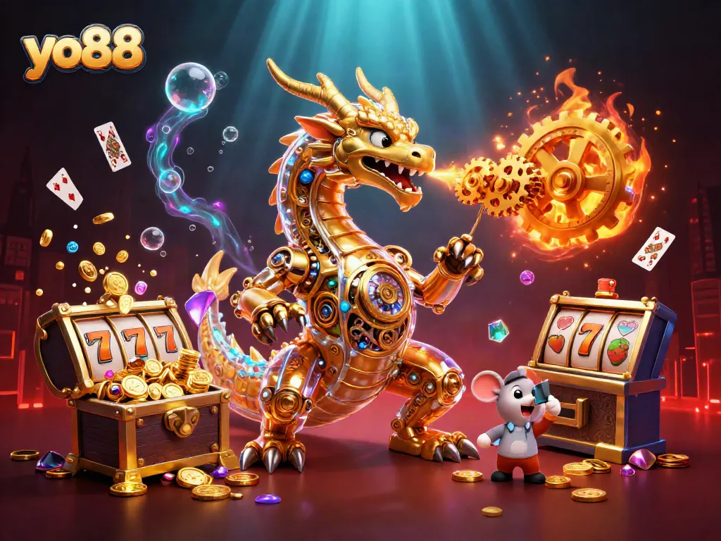 Engage with exciting yo88 gameplay featuring a golden dragon and dynamic casino elements.