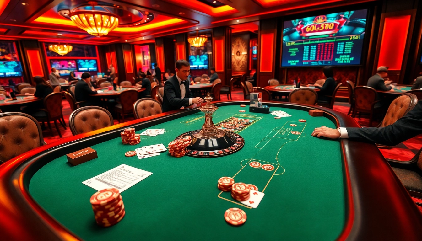 Engaging gameplay at SV388 đá gà table with poker chips and a roulette wheel.