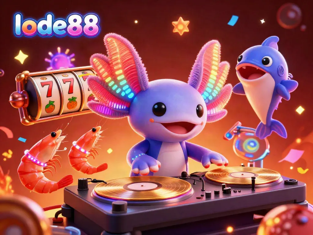 Experience the thrill of lode88 with a vibrant scene featuring an axolotl DJ and dynamic casino elements.
