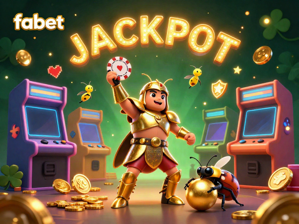 Join the winning moment at fabet with the hercules beetle celebrating a jackpot victory in a vibrant, animated casino scene.
