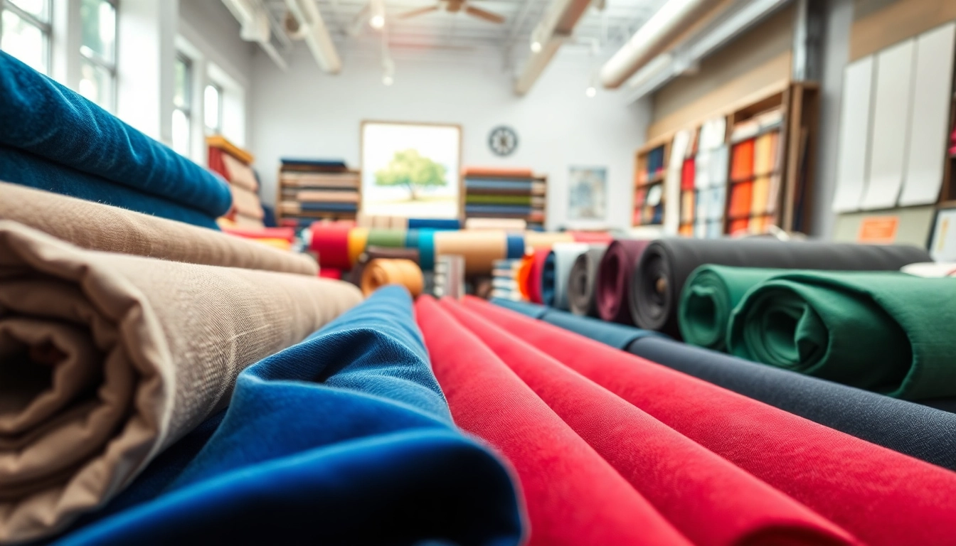 Stof kopen per meter met diverse stoffen en texturen in een showroom.
