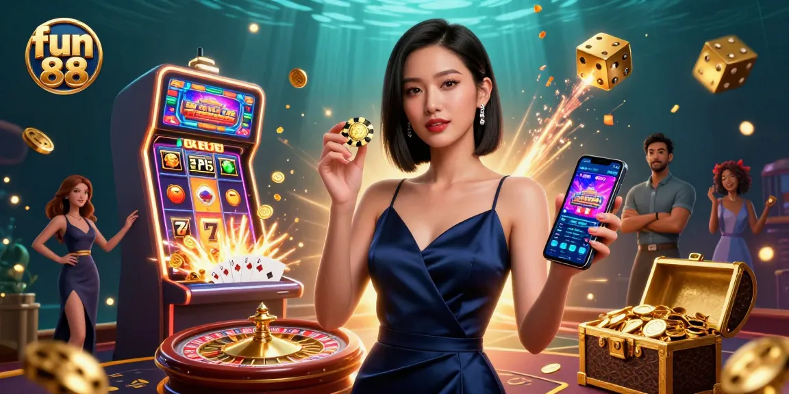Experience the excitement of fun 88 with a stunning woman showcasing a casino app and golden chip.