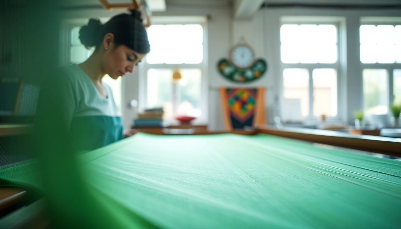 Viscose fabric being woven by an artisan in a bright workshop setting.