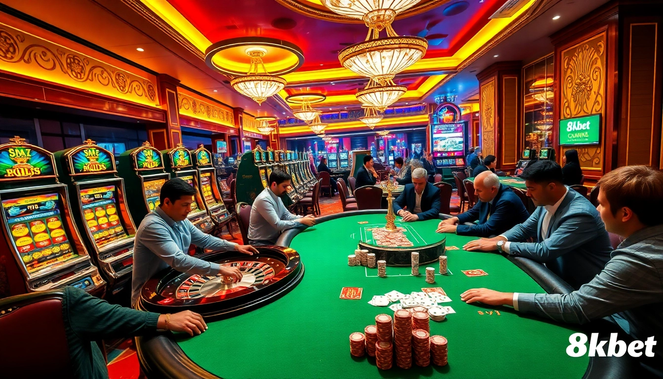 Experience the excitement of 8kbet with players enjoying live poker and roulette in a luxurious casino setting.